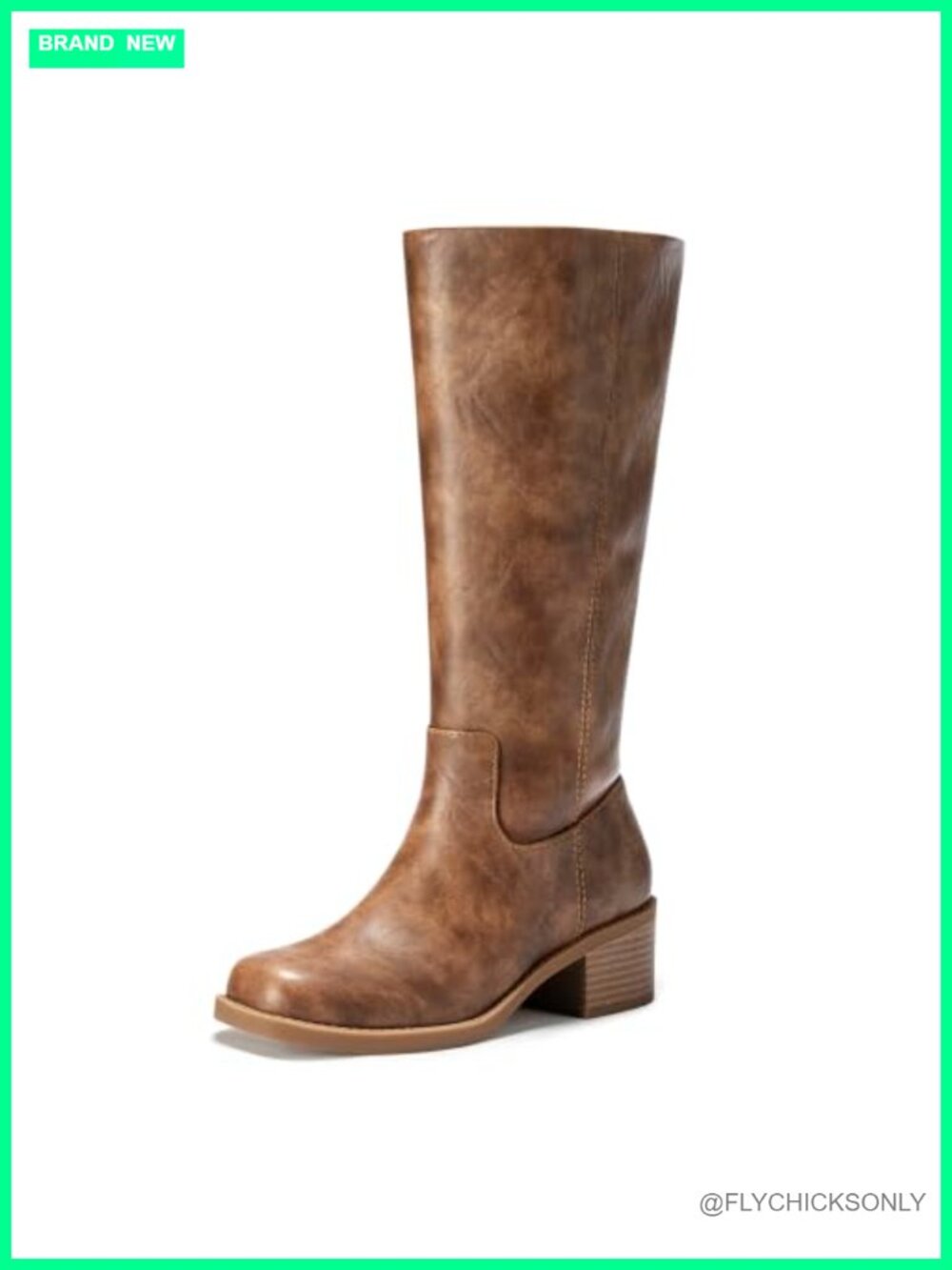 Faux Leather Knee High Boots Square Toe Wide Calf Chunky Heel